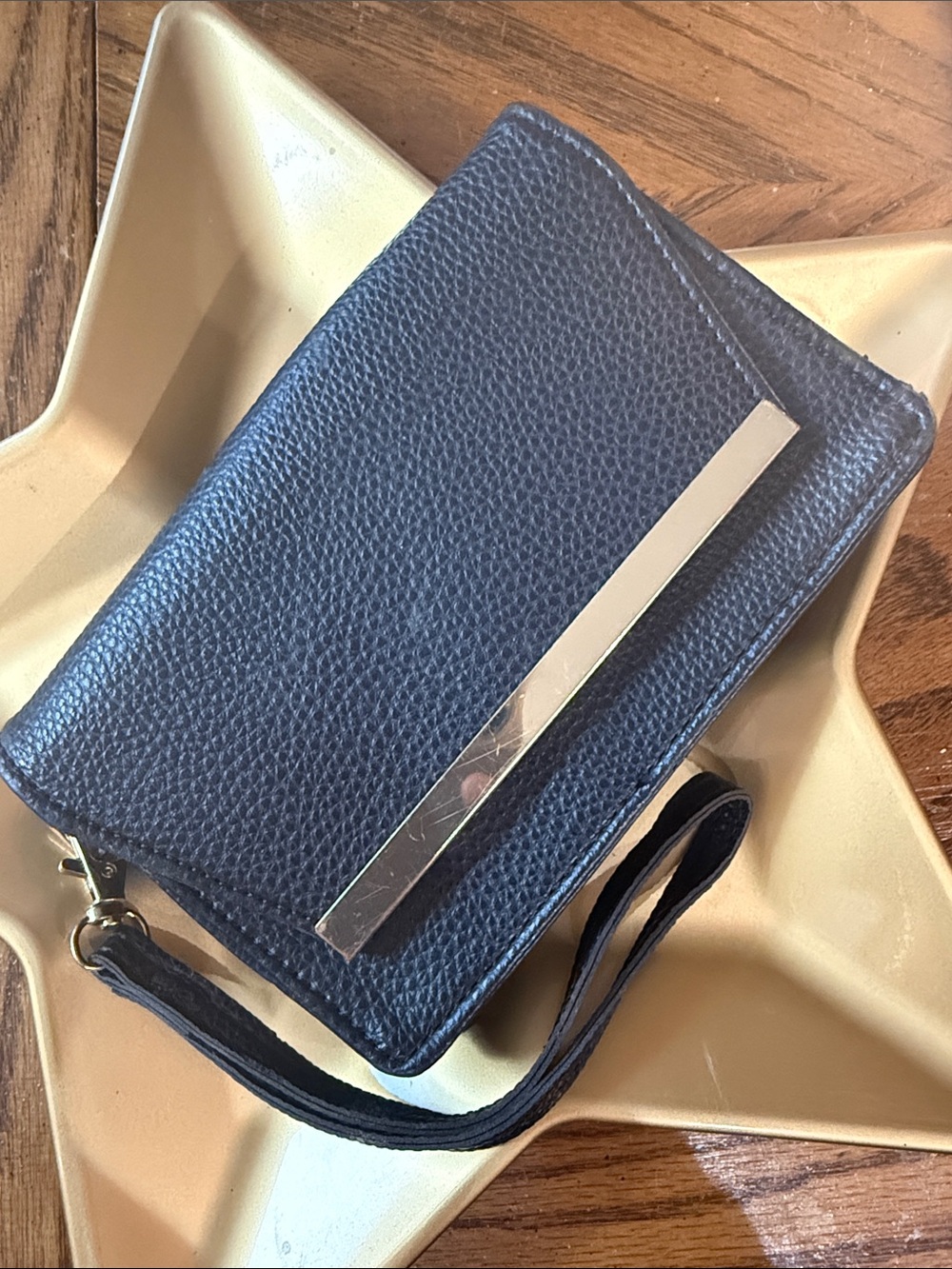 Classic Navy Pebbled Leather Wristlet Card Holder with Silver Bar